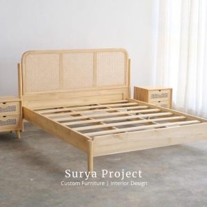 Rengga teak and natural rattan bedframe made from solid Indonesian Perhutani teak wood for European wholesale furniture market.