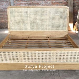 Vanila teak and natural rattan bedframe made from solid Indonesian Perhutani teak wood for European wholesale furniture market.