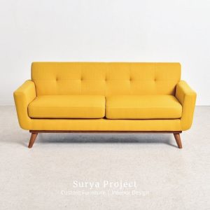 Nordelle Scandinavian style sofa with yellow upholstered cushions and teak legs