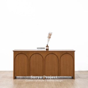 Zaviera minimalist TV cabinet crafted from solid Perhutani teak wood with soft closing drawers and doors